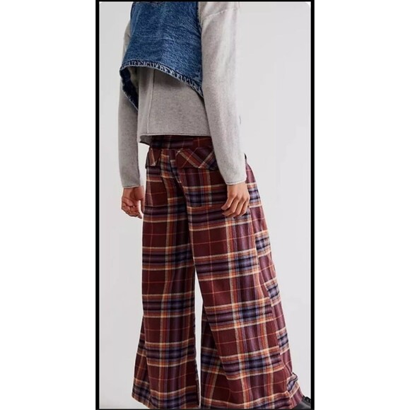 Free People Wide Leg Pants Size 0 Out Of Touch Extreme Plaid Pockets Burgundy - Picture 2 of 12